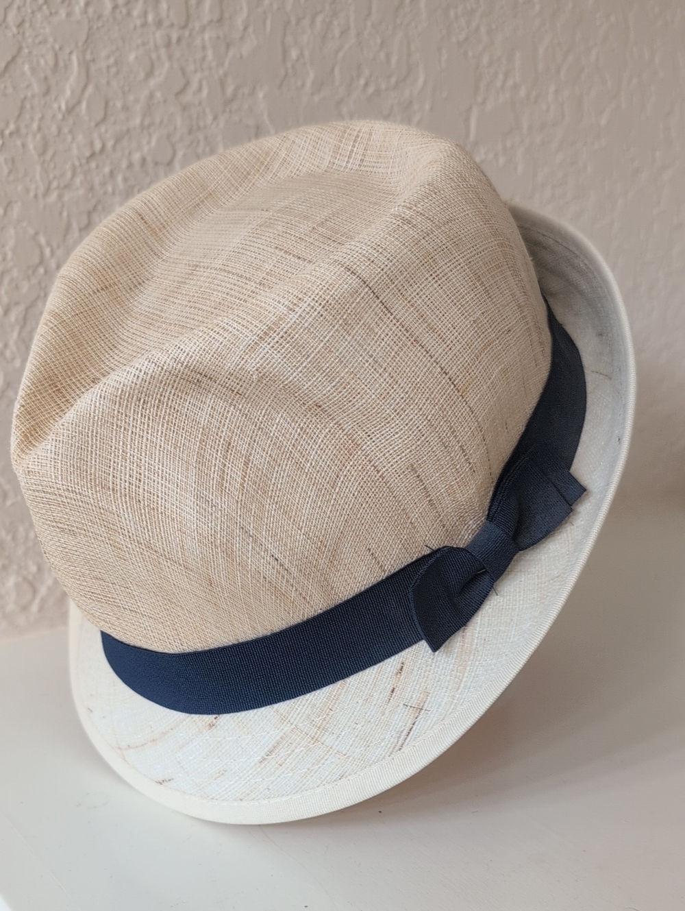 Lauren Ralph Lauren Two-Tone Straw Fedora with Navy Band Bow One Size Women Hat
